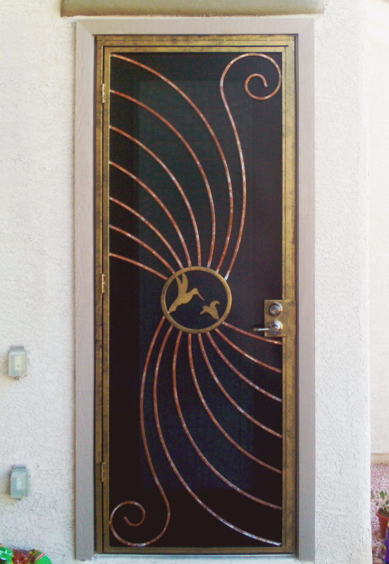 Nature Inspired Security Door - Item Hummingbird SD0095BG_Black-Gold Wrought Iron Design In Las Vegas
