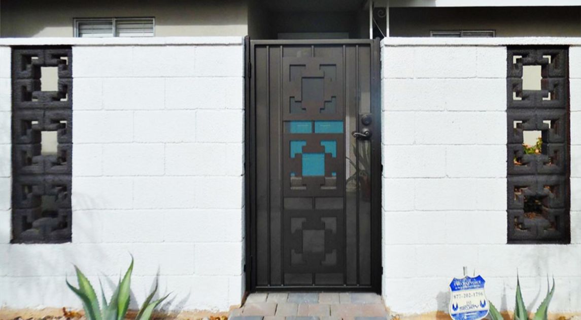 Dark, geometric ornamental wrought iron security gate in Las Vegas.