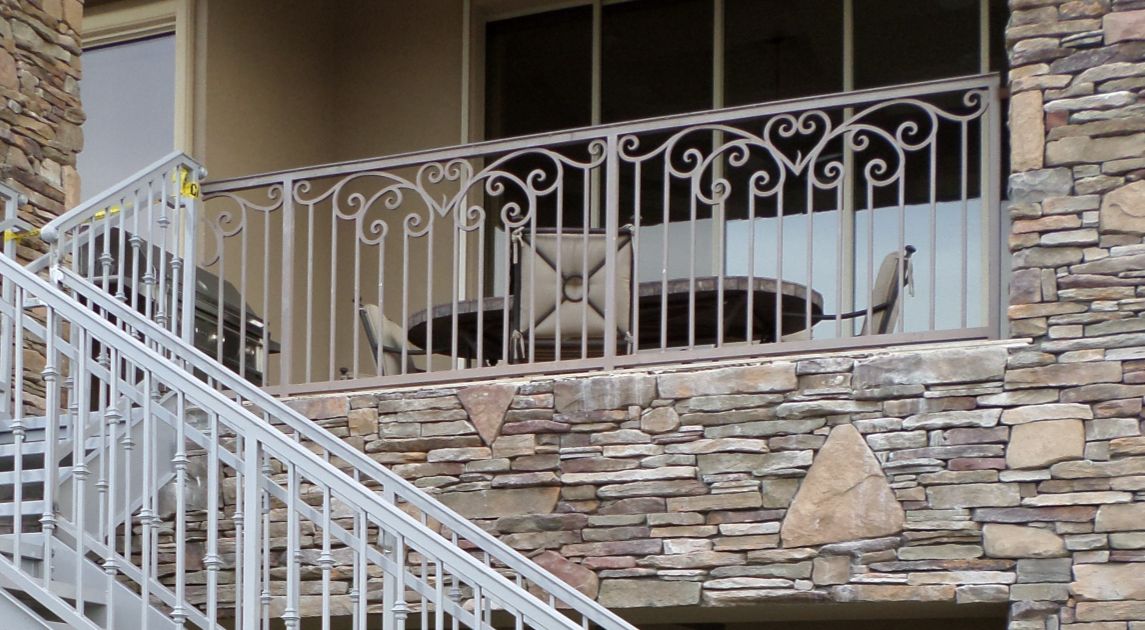A light-colored, ornate outdoor balcony railing in Las Vegas.