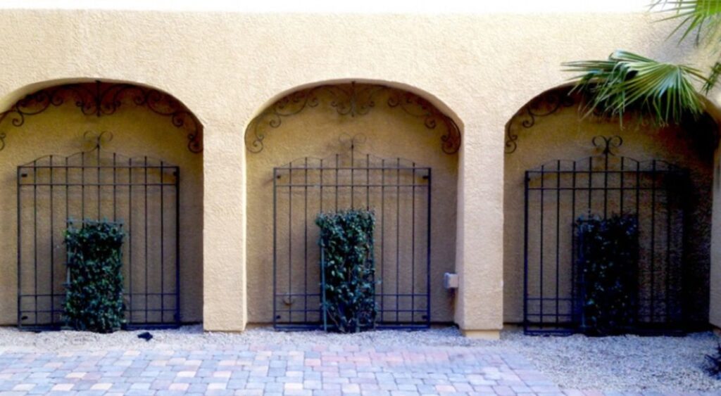 Wrought Iron Trellises in architectural alcoves.